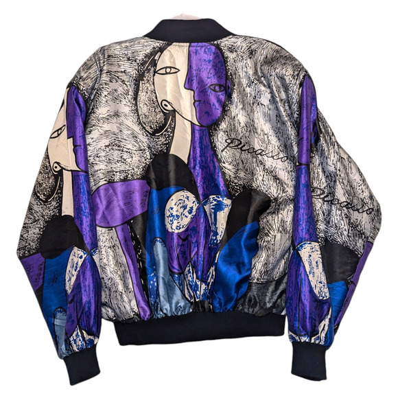 80s Pablo Picasso Satin AOP Full Zip Bomber jacket - Picture 2 of 4
